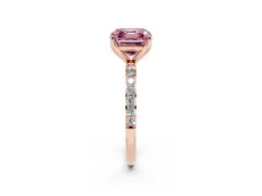 Fancy Pink Asscher Cut Diamond Solitaire Engagement Ring Set in Rose gold with Round Pavé Band and Prong Setting