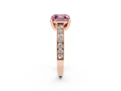 Fancy Pink Asscher Cut Diamond Solitaire Ring Set in Rose gold with Milgrain-Edged Pavé Band and Prong Setting