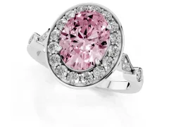Fancy Pink Oval Cut Diamond Halo Engagement Ring Set in White gold with Twisted Band and Prong Setting