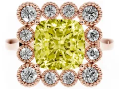 Fancy Yellow Cushion Cut Diamond Cluster Halo Ring Set in Rose gold with Milgrain Bezel Accents and Plain Band