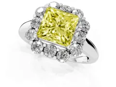 Fancy Yellow Princess Cut Diamond Milgrain Halo Solitaire Ring Set in Silver with Bezel Set Side Stones and Pavé Band