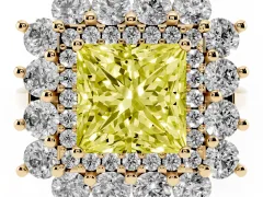 Fancy Yellow Princess Cut Diamond Floral Double Halo Ring Set in Yellow gold with Round Petals