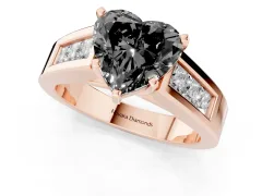 Fancy Black Heart Cut Diamond Solitaire Ring Set in Rose gold with Channel-Set Accent Stones and Prong Setting