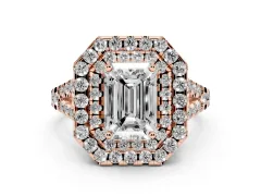 Emerald Cut Diamond Double Halo Ring Set in Rose gold with Pavé Split Shank and Prong Setting