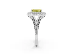 Fancy Yellow Emerald Cut Diamond Double Halo Ring Set in White gold with Pavé Split Shank and Prong Setting