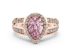 Fancy Pink Pear Cut Diamond Halo Ring Set in Rose gold with Double Pavé Split Shank