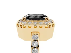 Fancy Black Emerald Cut Diamond Halo Ring Set in Yellow gold with Pavé Shank and Prong Setting