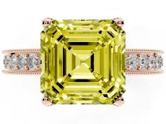 Fancy Yellow Asscher Cut Diamond Solitaire Ring Set in Rose gold with Milgrain-Edged Pavé Band and Prong Setting