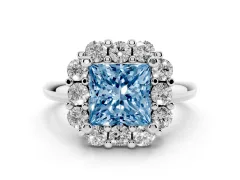 Fancy Blue Princess Cut Diamond Halo Cluster Engagement Ring Set in White gold with Polished Band and Prong Setting