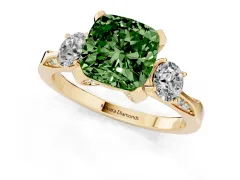 Fancy Green Cushion Cut Diamond Three-Stone Ring Set in Yellow gold with Pavé Band and Smaller Side Stones