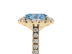 Fancy Blue Emerald Cut Diamond Cushion Halo Ring Set in Yellow gold with Pavé Band