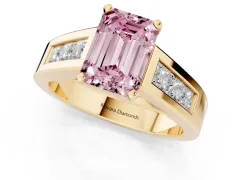 Fancy Pink Emerald Cut Diamond Solitaire Ring Set in Yellow gold with Channel-Set Accent Stones and Prong Setting