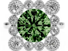 Fancy Green Round Cut Diamond Cluster Halo Ring Set in Silver with Milgrain Bezel Accents and Plain Band