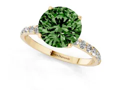 Fancy Green Round Cut Diamond Solitaire Engagement Ring Set in Yellow gold with Round Pavé Band and Prong Setting