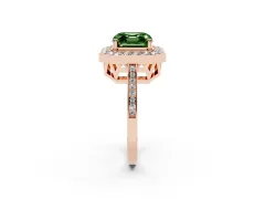 Fancy Green Asscher Cut Diamond Halo Ring Set in Rose gold with Accent-Lined Split Shank and Prong Setting
