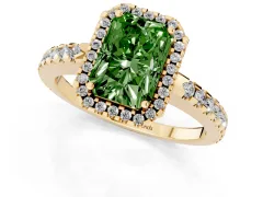Fancy Green Radiant Cut Diamond Halo Ring Set in Yellow gold with Pavé Shoulders and Halo-Framed Center