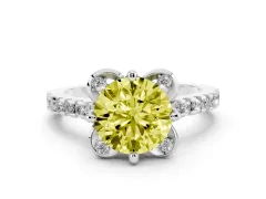 Fancy Yellow Round Cut Diamond Solitaire Ring Set in Silver with Pavé Band and Floral Prong Setting