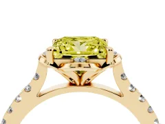 Fancy Yellow Princess Cut Diamond Solitaire Ring Set in Yellow gold with Pavé Band and Floral Prong Setting