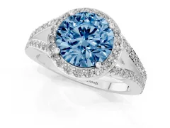 Fancy Blue Round Cut Diamond Halo Split Shank Ring Set in Silver with Accent Stones and Prong Setting