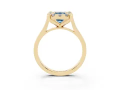Fancy Blue Emerald Cut Diamond Cluster Halo Solitaire Ring Set in Yellow gold with Prong Setting