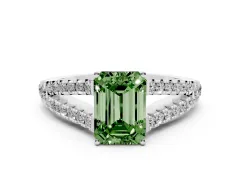 Fancy Green Emerald Cut Diamond Split Shank Pavé Engagement Ring Set in Platinum with Prong-Held Center Stone
