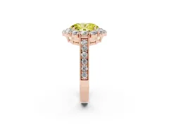 Fancy Yellow Oval Cut Diamond Halo Pavé Engagement Ring Set in Rose gold with Milgrain Detailing