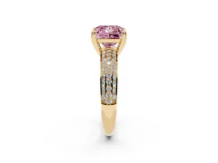 Fancy Pink Princess Cut Diamond Solitaire Ring Set in Yellow gold with Multi-Row Round Pavé Band and Prong Setting