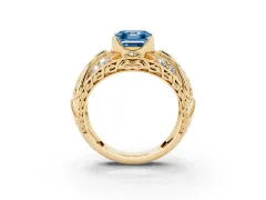Fancy Blue Asscher Cut Diamond Art Deco Ring Set in Yellow gold with Pavé Split Shank