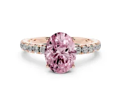 Fancy Pink Oval Cut Diamond Pavé Solitaire Engagement Ring Set in Rose gold with Prong Setting