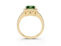 Fancy Green Asscher Cut Diamond Halo Ring Set in Yellow gold with Pavé Shoulders and Halo-Framed Center