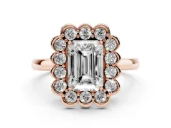 Emerald Cut Diamond Halo Cluster Engagement Ring Set in Rose gold with Solitaire Band and Prong Setting