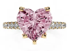 Fancy Pink Heart Cut Diamond Solitaire Ring Set in Yellow gold with Brilliant Pavé Band and Prong Setting