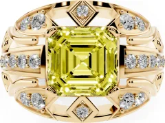 Fancy Yellow Asscher Cut Diamond Art Deco Ring Set in Yellow gold with Pavé Split Shank