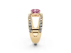 Fancy Pink Cushion Cut Diamond Split Shank Pavé Solitaire Ring Set in Yellow gold with Open Shank Design