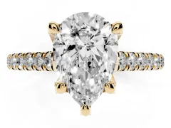 Pear Cut Diamond Solitaire Ring Set in Yellow gold with Brilliant Pavé Band and Prong Setting