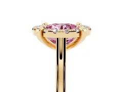 Fancy Pink Round Cut Diamond Cluster Halo Solitaire Ring Set in Yellow gold with Prong Setting