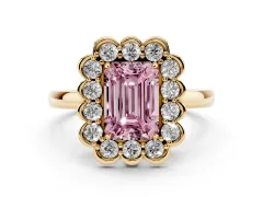 Fancy Pink Emerald Cut Diamond Halo Cluster Engagement Ring Set in Yellow gold with Solitaire Band and Prong Setting