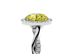 Fancy Yellow Round Cut Diamond Halo Twist Band Solitaire Ring Set in White gold with Prong Setting