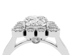 Cushion Cut Diamond Cluster Halo Ring Set in Platinum with Milgrain Bezel Accents and Plain Band