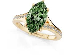 Fancy Green Marquise Cut Diamond Solitaire Ring Set in Yellow gold with Pavé Accent Band and Classic Prong Setting