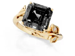 Fancy Black Asscher Cut Diamond Solitaire Twist Engagement Ring Set in Yellow gold with Pavé Leaf Accents