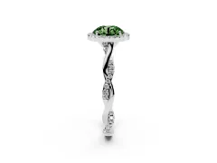 Fancy Green Round Cut Diamond Halo Twist Band Solitaire Ring Set in Silver with Prong Setting
