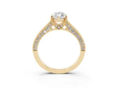 Marquise Cut Diamond Solitaire Ring Set in Yellow gold with Milgrain-Edged Pavé Band and Prong Setting