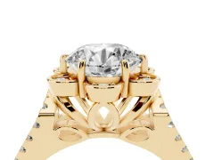 Round Cut Diamond Floral Halo Split Shank Engagement Ring Set in Yellow gold with Pavé Shank