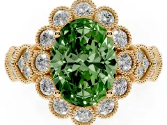 Fancy Green Oval Cut Diamond Solitaire Ring Set in Yellow gold with Milgrain Pavé Heart Band