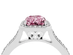 Fancy Pink Radiant Cut Diamond Halo Engagement Ring Set in Silver with Round Pavé Shoulders and Heart Gallery