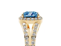 Fancy Blue Cushion Cut Diamond Halo Split Shank Pavé Ring Set in Yellow gold with Prong Setting