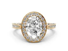 Oval Cut Diamond Halo Engagement Ring Set in Yellow gold with Accent Split Shank Band