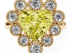Fancy Yellow Heart Cut Diamond Cluster Halo Ring Set in Yellow gold with Milgrain Bezel Accents and Plain Band