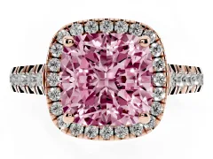 Fancy Pink Cushion Cut Diamond Halo Engagement Ring Set in Rose gold with Pavé Band and Prong-Set Center